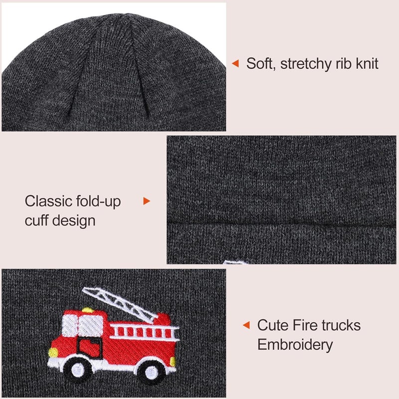 KDVOG Store Kids Knit Beanie Cute Fire Trucks Embroidery Warm Cuffed Skull Caps Classic Autumn Winter Hats for Boys Girls 3-8 Years - Image 5